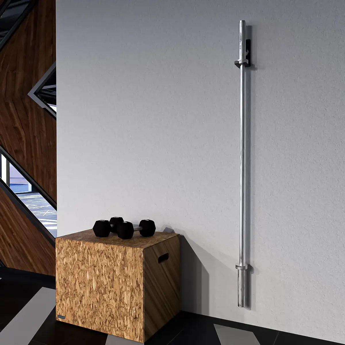 Almacenador de pared para barra Navyfit en acero con sistema anti-vibración y capacidad para 1 barra.