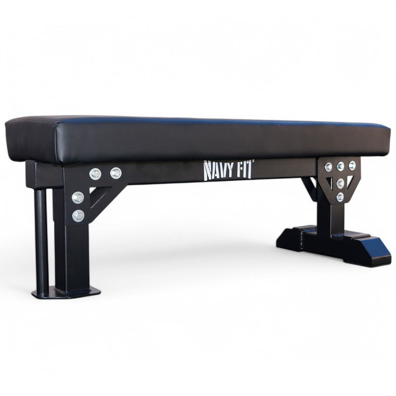 Banco plano Fat Pad Navyfit con respaldo de 27 pulgadas y almohadilla especializada para entrenamientos intensos.