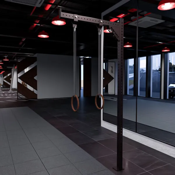 Soporte para Aros Navyfit en acero 3x3 montado en pared o rack, compatible con TRX y anillos gimnásticos