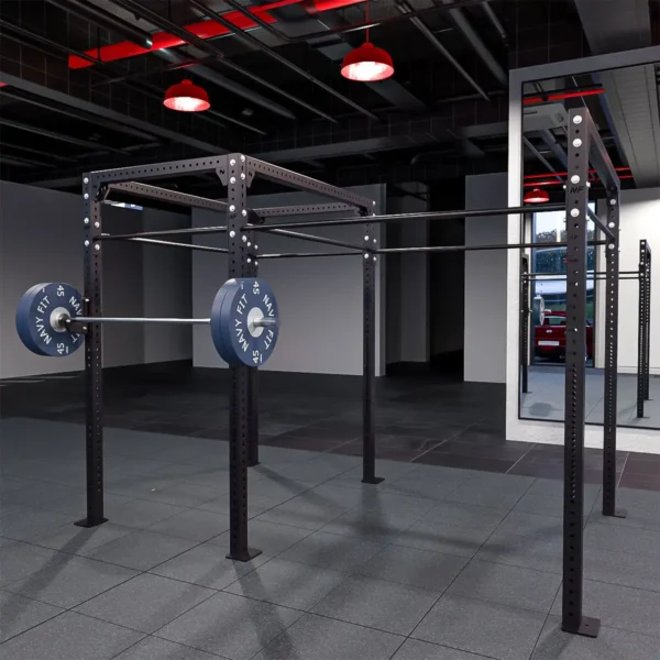 Rack Central en Cadena con Viga 120″ Navyfit, estructura compacta con barra superior para dominadas, squats y bench press.