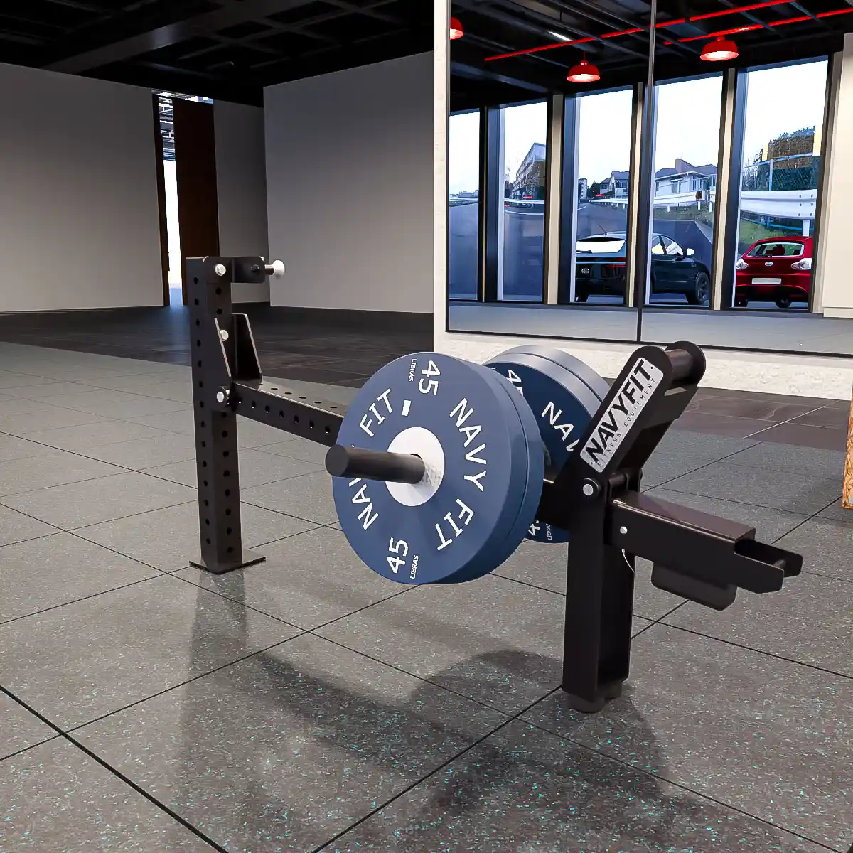 J-Squat Simple Navyfit de acero estructural, equipo compacto para sentadillas y entrenamiento funcional.