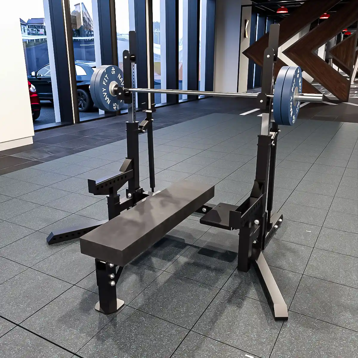 Combo Rack Navyfit con banco ajustable y half rack, equipo profesional de fuerza y home gym.