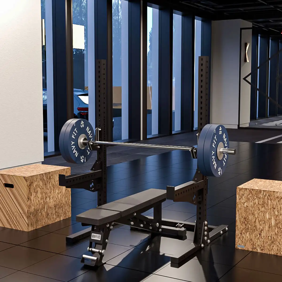 Half Rack 70 Navyfit color negro, rack de gimnasio compacto para entrenamiento de fuerza en casa.