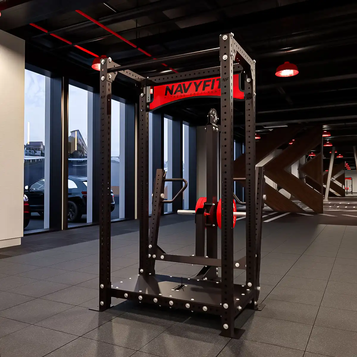 RINO con Rack Navyfit, estación multifuncional con polea alta doble y rack NF-3 para rutinas completas de fuerza.