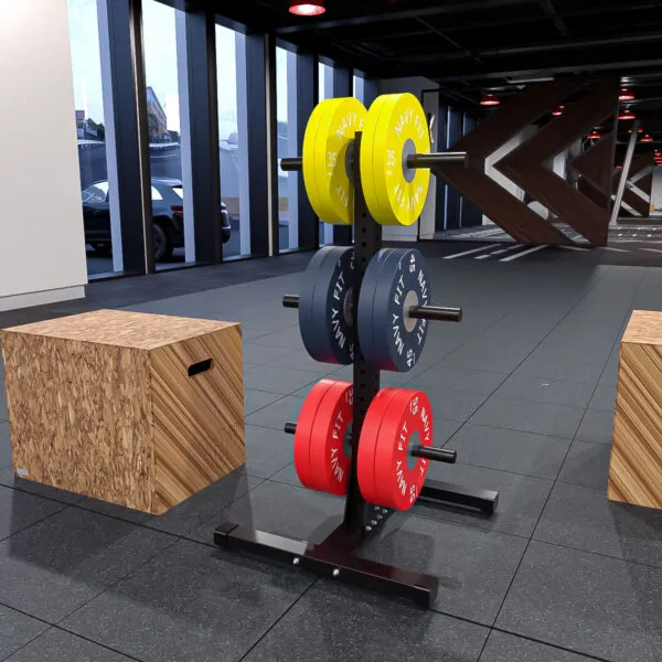 Almacenador de Discos Vertical Navyfit con base triangular y tres niveles para discos bumper y metálicos