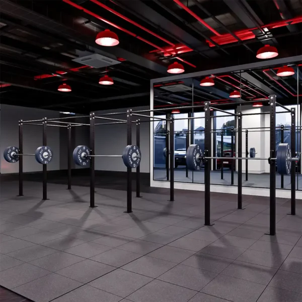 Rack Central en Cadena 288″ Navyfit con 3 estaciones de squat/bench y 7 de pull-ups.