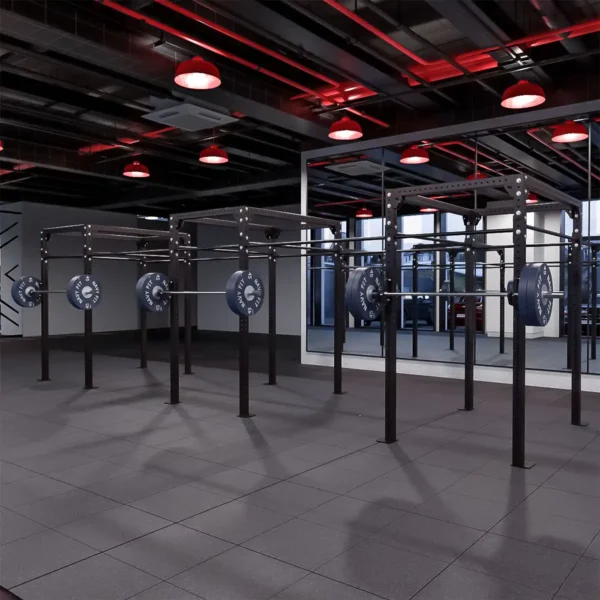 Rack Central en Cadena con Viga 288″ Navyfit con barra superior, 3 estaciones de squat/bench y 7 de pull-ups.