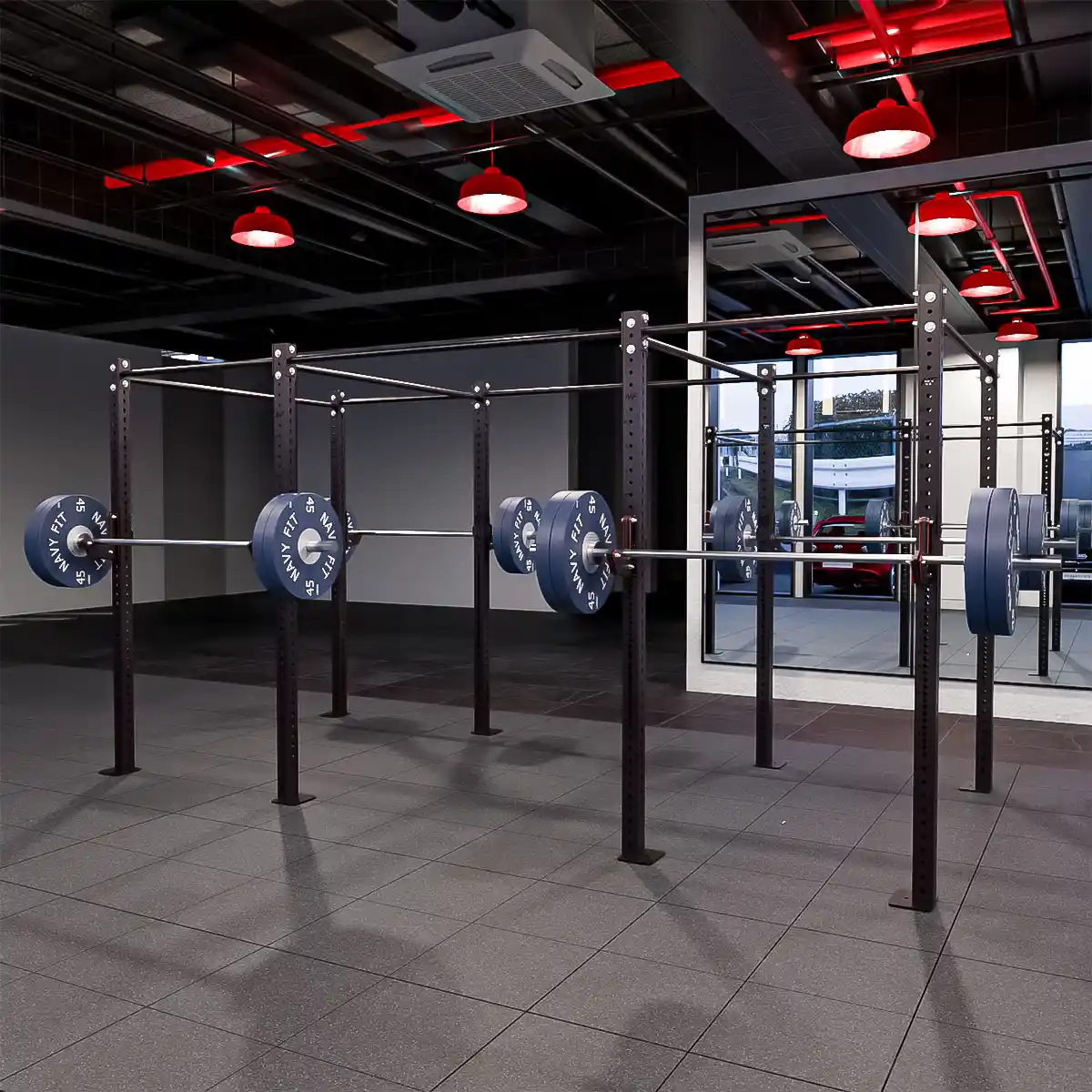 Rack Central en Cadena 168″ Navyfit, estructura modular para squats, pull-ups y entrenamiento funcional.
