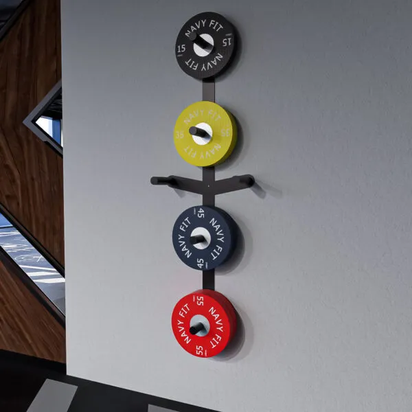 Almacenador de pared Navyfit para discos olímpicos con ala lateral de extensión en acero reforzado.