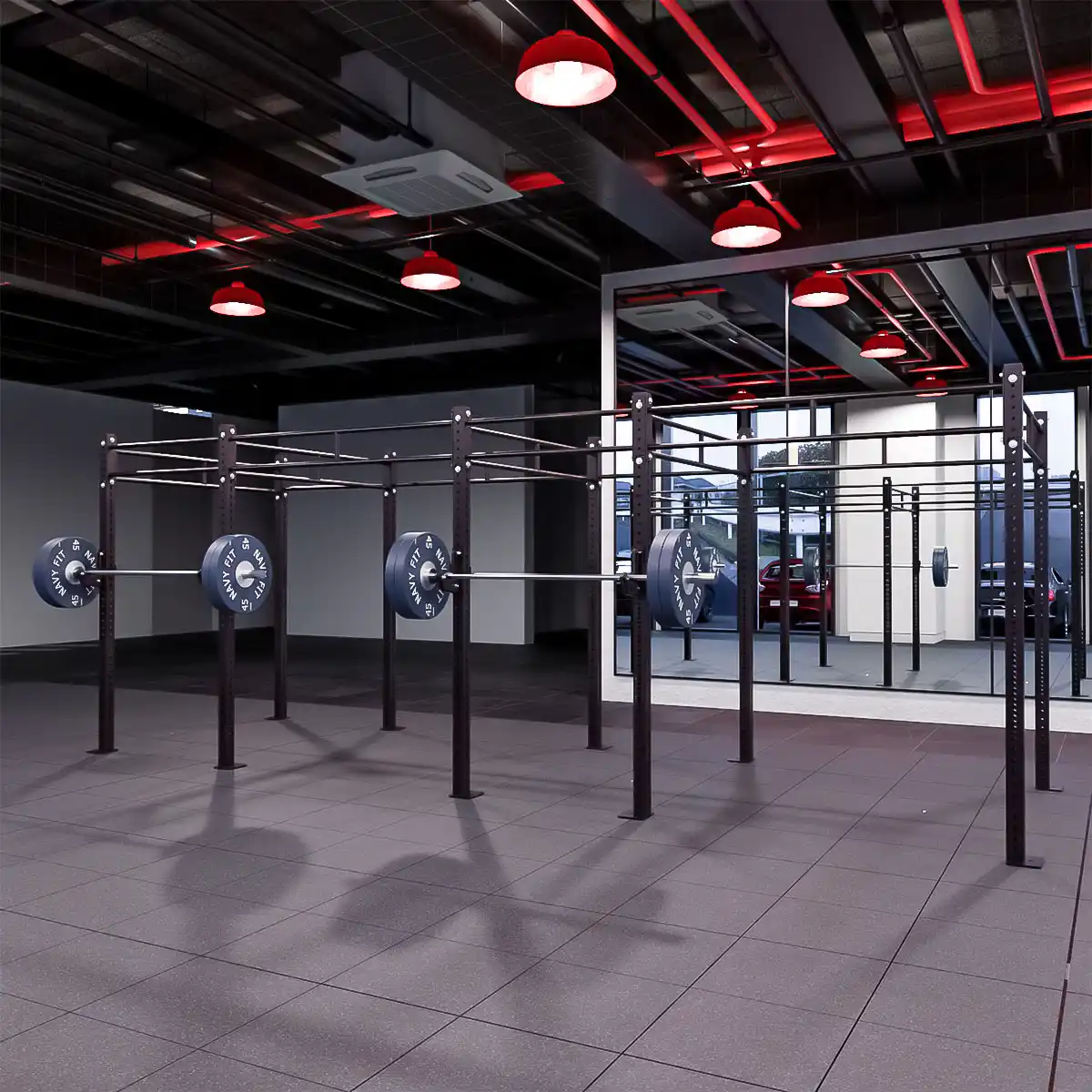 Rack Central Doble Barra 240″ Navyfit con 3 estaciones de squat/bench y 6 de pull-ups.