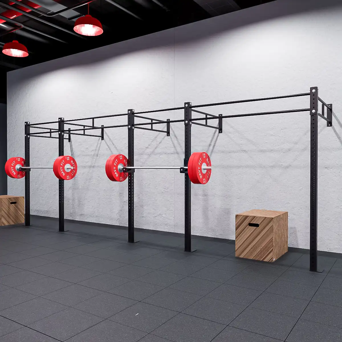Rack de Pared Doble Barra 240″ Navyfit con 3 estaciones de squat/bench y barra superior para pull-ups.